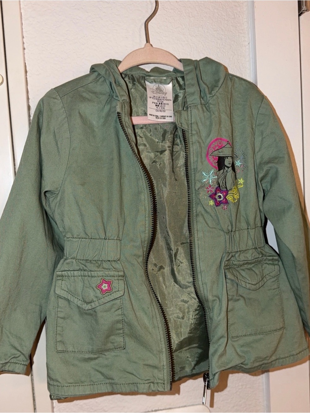 Disney Olive Green Hooded Pea Coat with Colorful Embroidery
